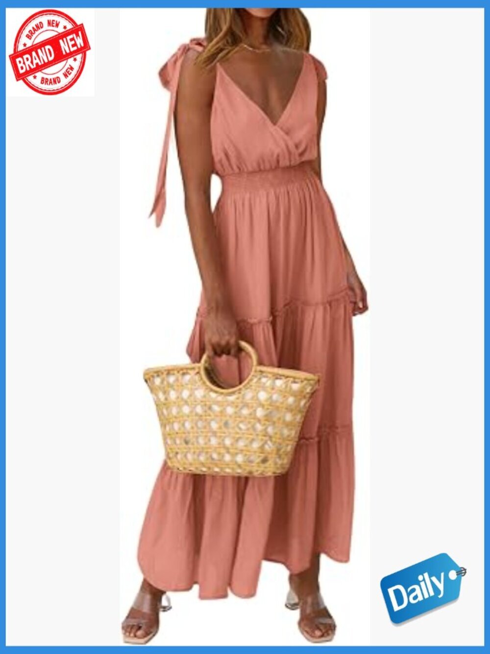 Smocked Cross Neck Tie Strap Tiered Maxi Dress Sleeveless Summer Beach